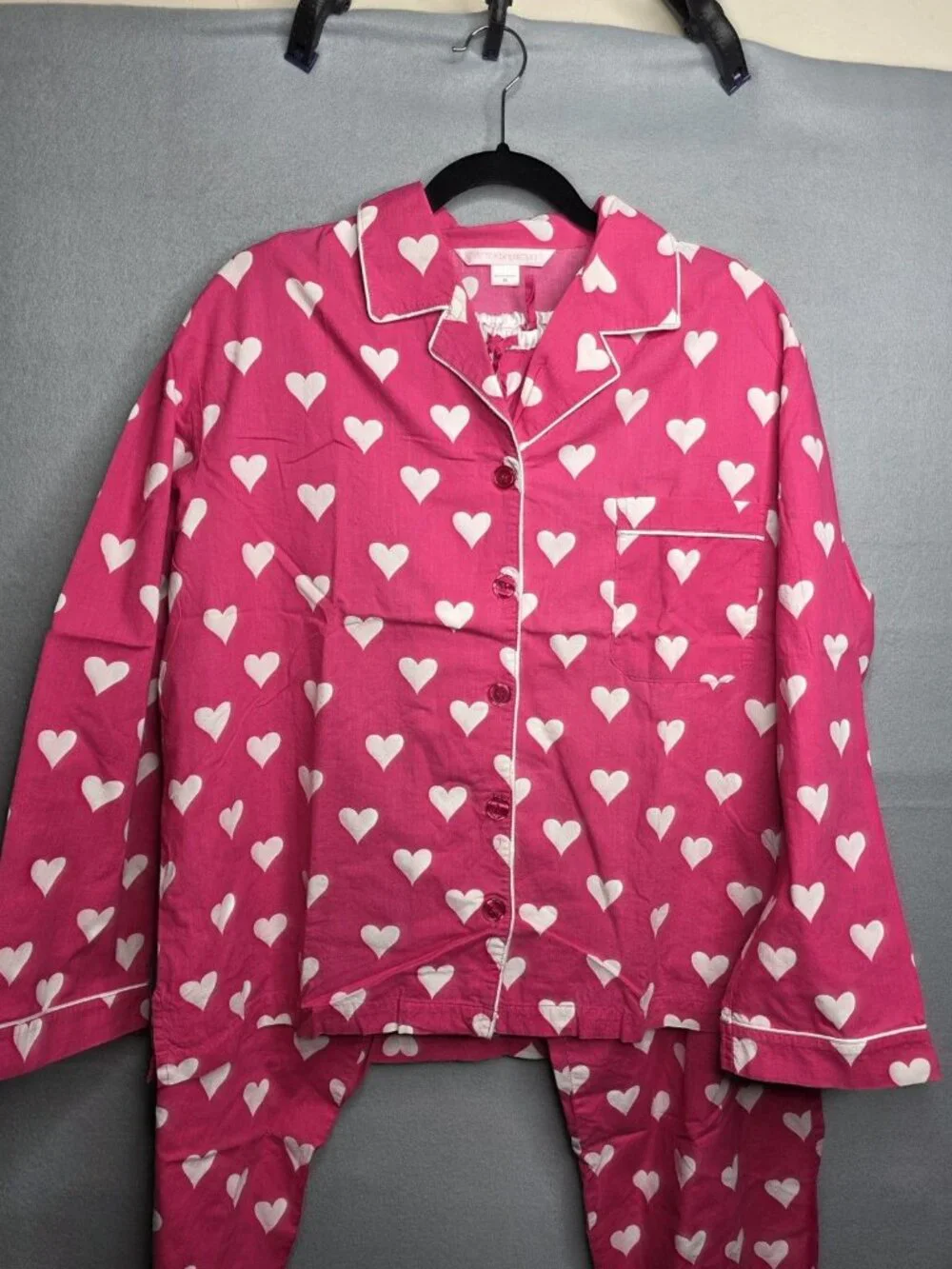 Victoria's Secret Vintage  Pajama Set Pink w White Hearts Medium Long Sleeve